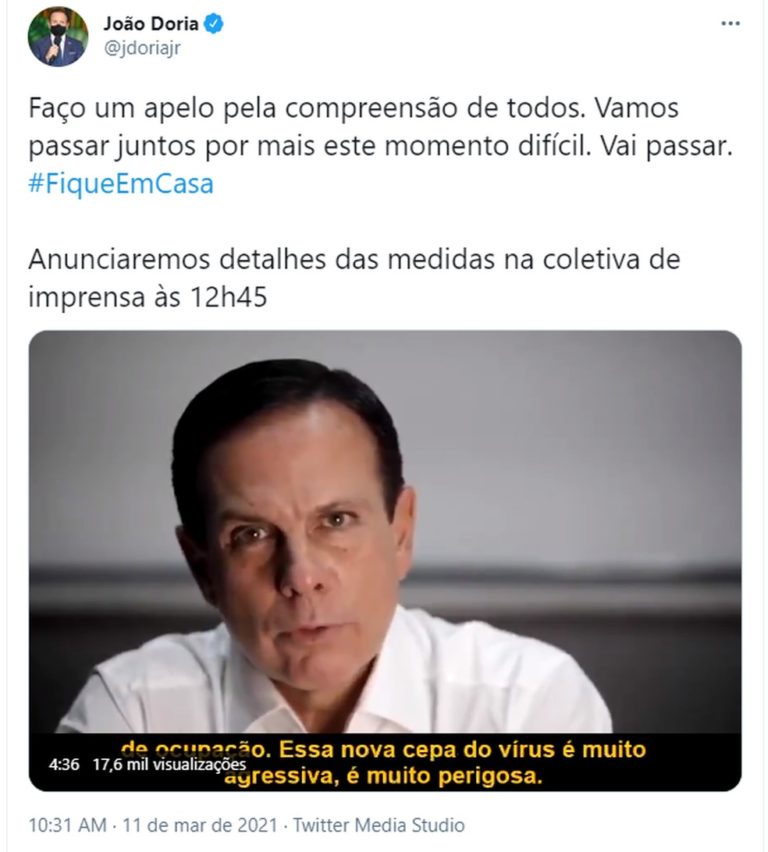 Vídeo foi divulgado nas redes sociais do governador na manhã desta quinta (11). Anúncios das novas medidas será feito às 12h45 em coletiva de imprensa. Previsão é a de que governo suspenda atividades religiosas, campeonatos esportivos e aulas presenciais.